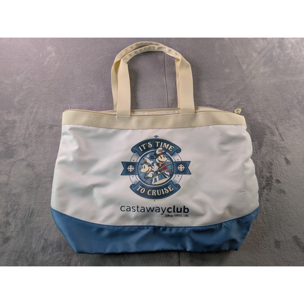Disney Cruise Line Castaway Club Tote Bag Mickey Minnie Mouse White Blue Zipper